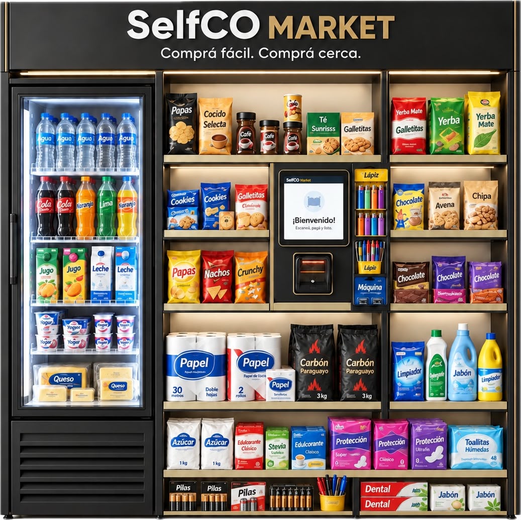 Estante SelfCO Market con heladera, productos de marcas reales y terminal de autoservicio